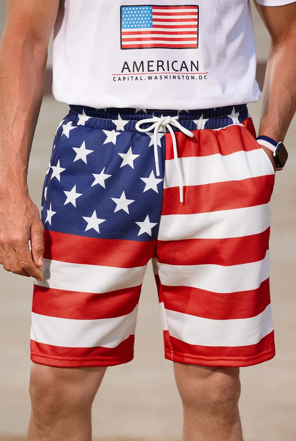 Arvilhill Men American Flag Shorts Patriotic Stars Stripes SweatShorts with Elastic Waistband (S-3XL)