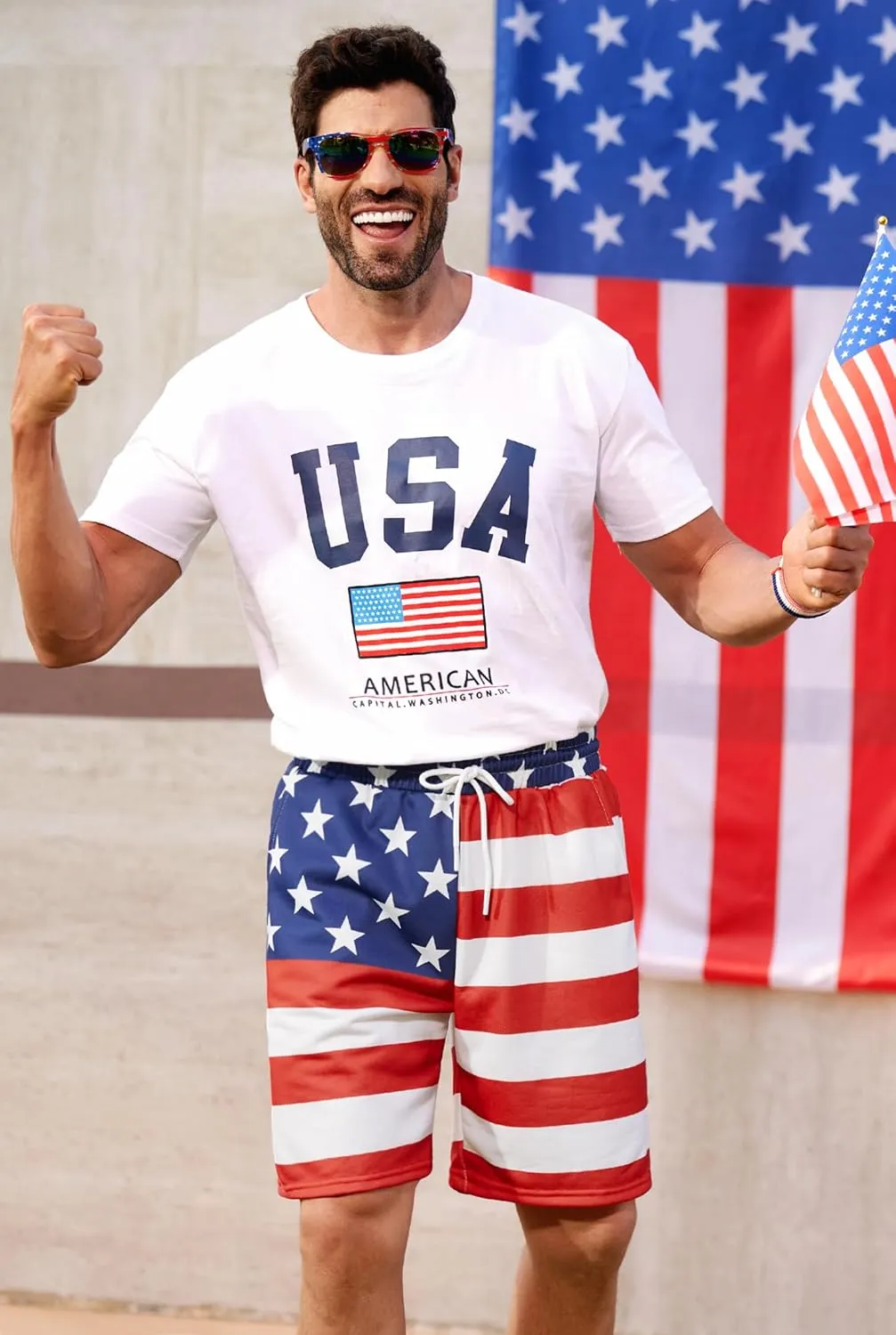 Arvilhill Men American Flag Shorts Patriotic Stars Stripes SweatShorts with Elastic Waistband (S-3XL)