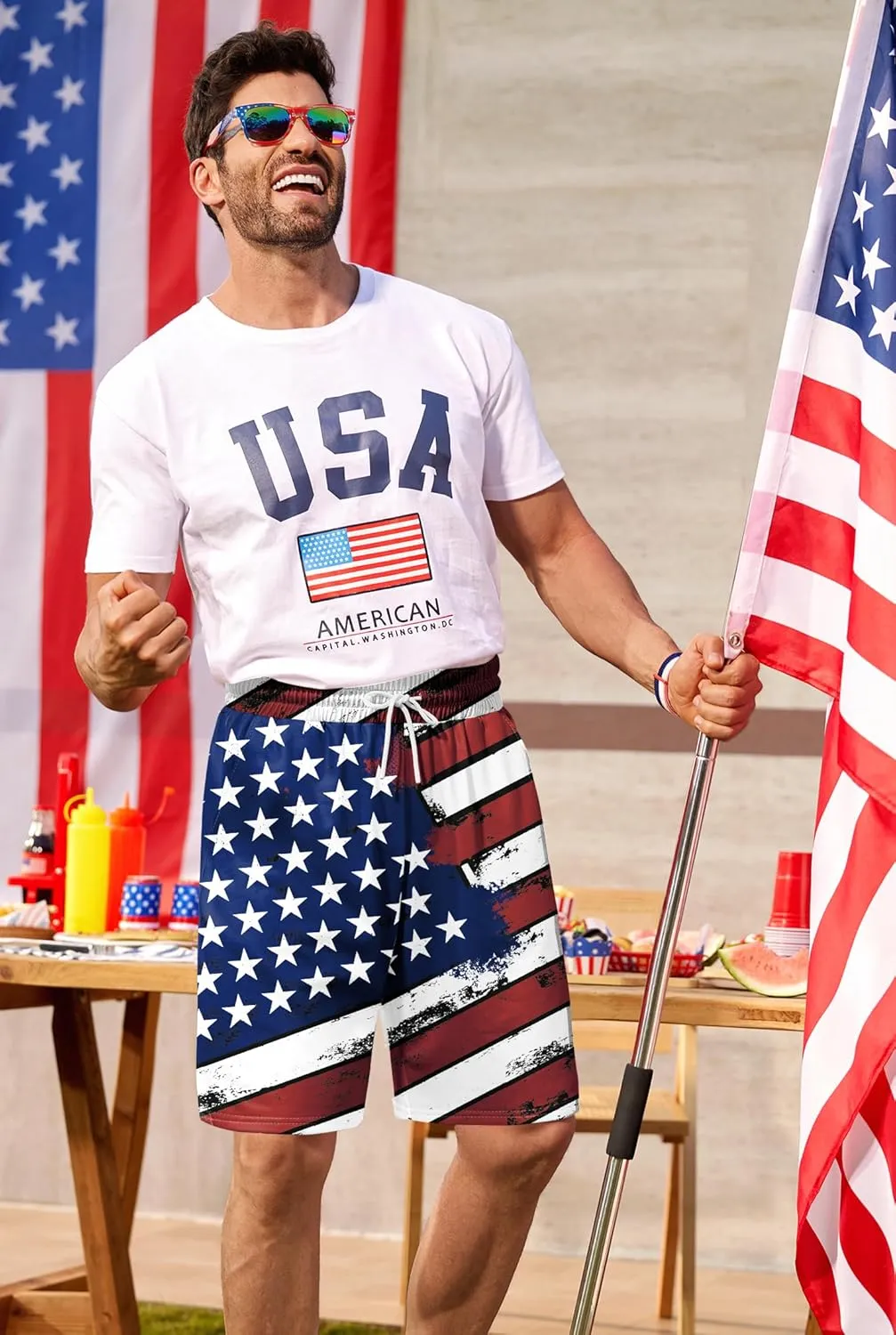 Arvilhill Men American Flag Shorts Patriotic Stars Stripes SweatShorts with Elastic Waistband (S-3XL)