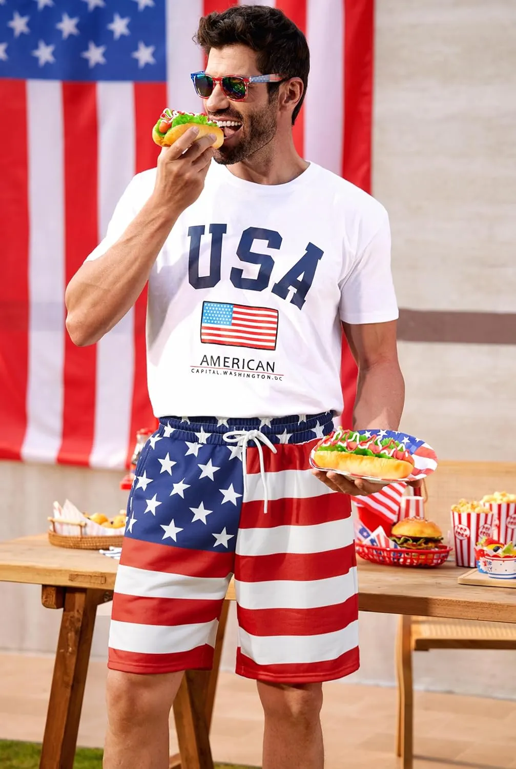 Arvilhill Men American Flag Shorts Patriotic Stars Stripes SweatShorts with Elastic Waistband (S-3XL)