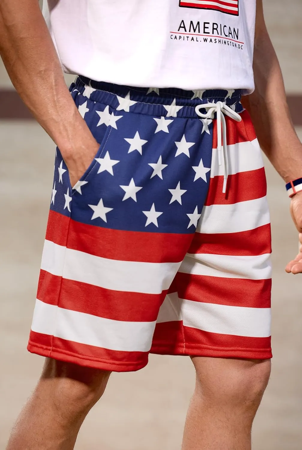 Arvilhill Men American Flag Shorts Patriotic Stars Stripes SweatShorts with Elastic Waistband (S-3XL)