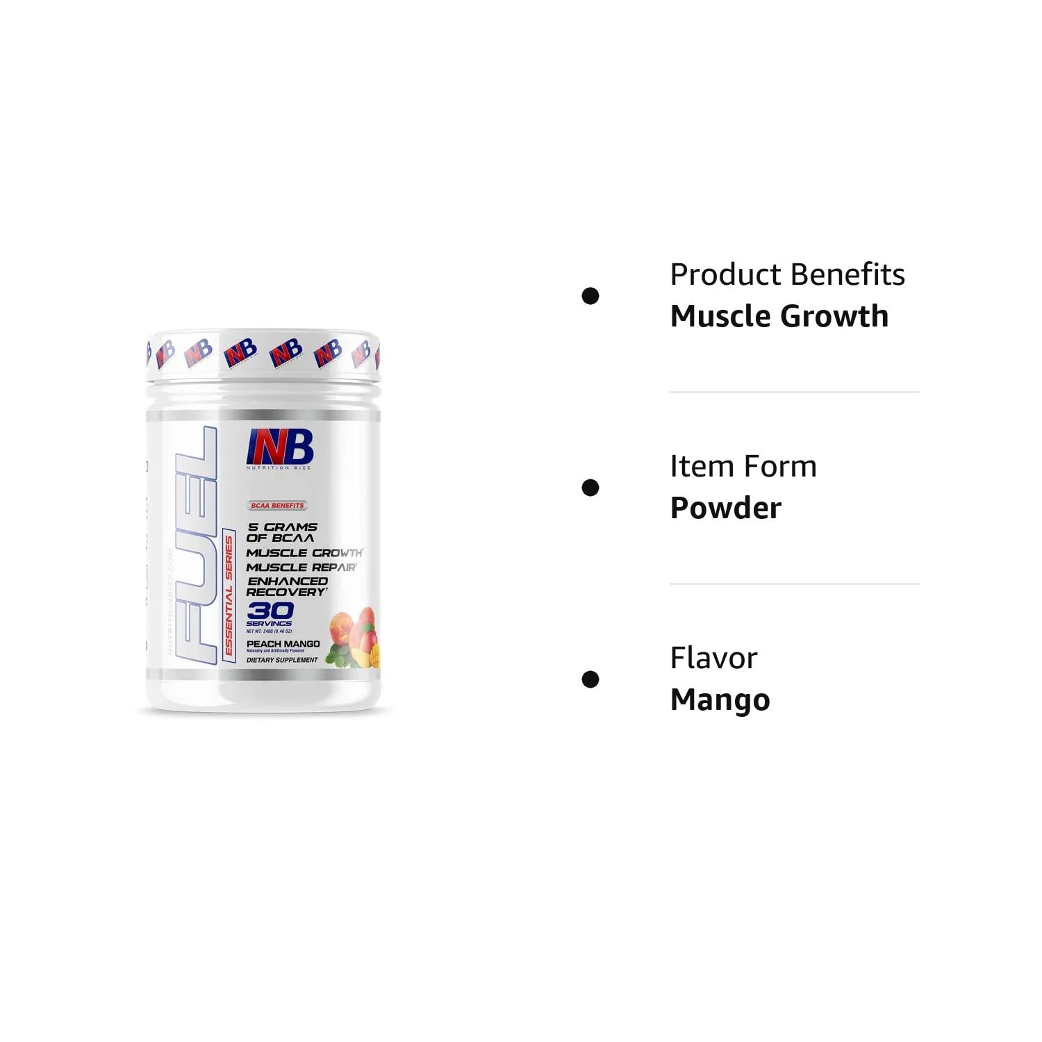 BCAA Powder, 5 Grams of BCAAs Amino Acids, Post Workout Recovery Drink for Muscle Building, Recovery, and Endurance, 30 Servings (Peach Mango) Peach Mango