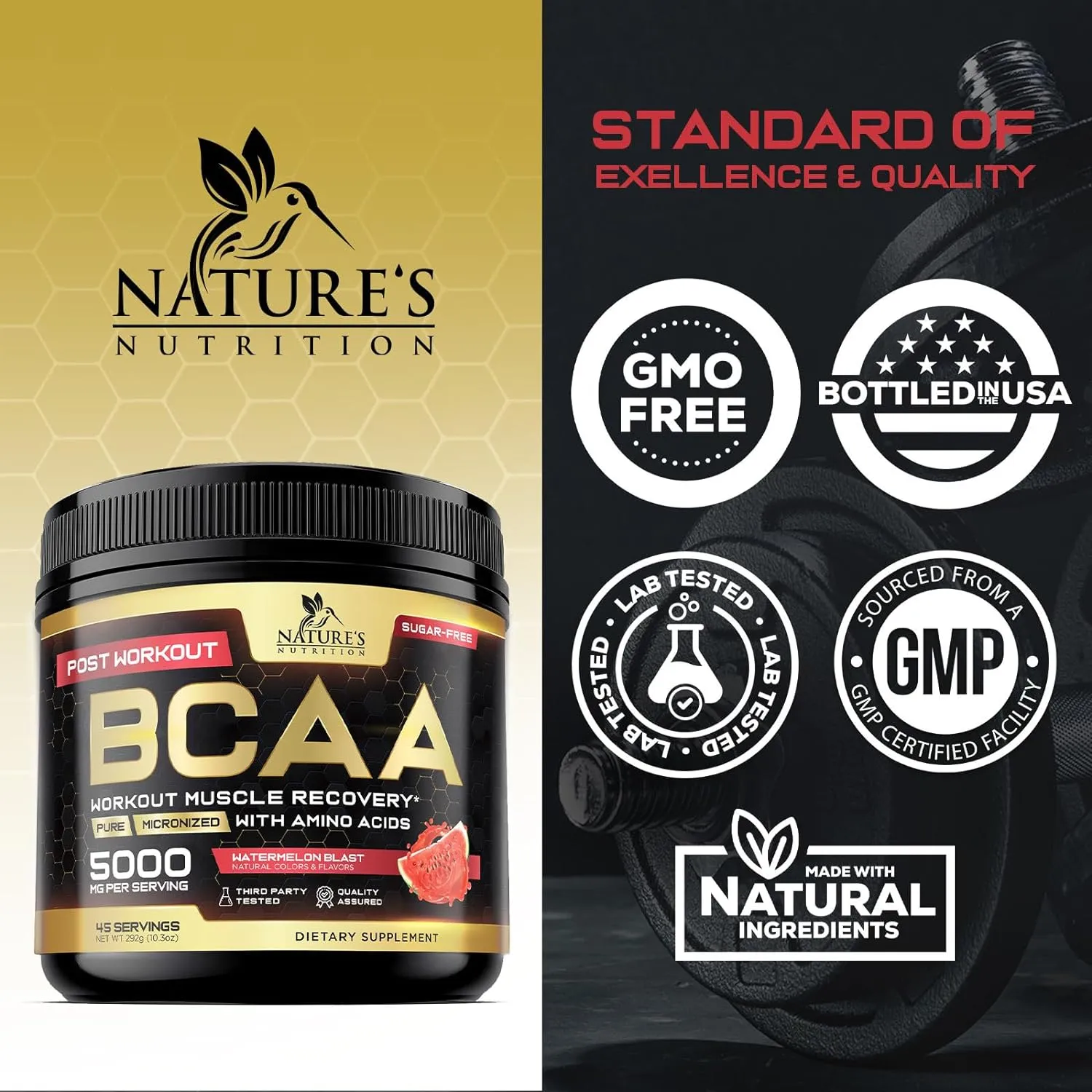 BCAA Powder - Post Workout Muscle Recovery Support Supplement, Pre Workout Energy 2:1:1 with Essential Amino Acids, Keto, Sugar-Free, 4g BCAAs plus 1g Glutamine per Serving, Watermelon - 45 Servings