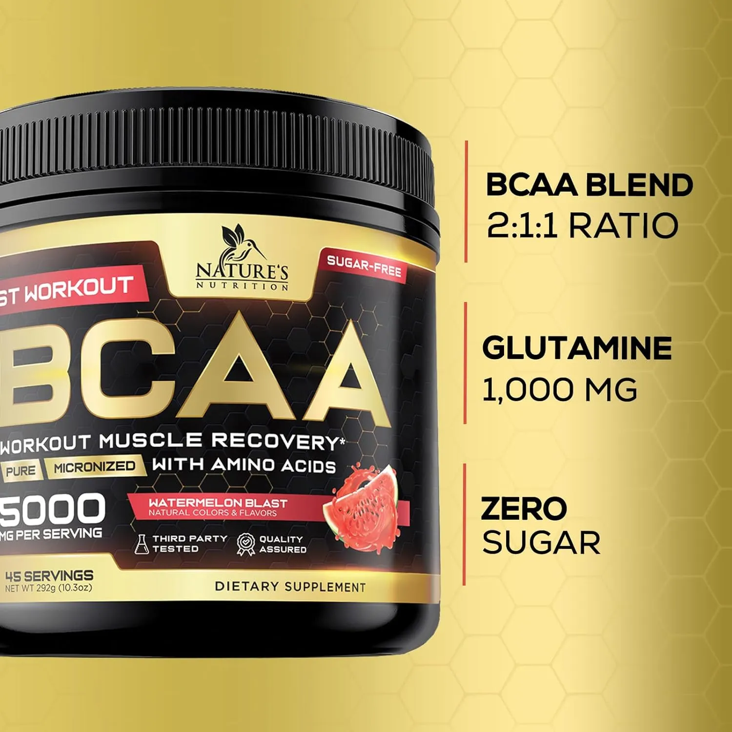 BCAA Powder - Post Workout Muscle Recovery Support Supplement, Pre Workout Energy 2:1:1 with Essential Amino Acids, Keto, Sugar-Free, 4g BCAAs plus 1g Glutamine per Serving, Watermelon - 45 Servings
