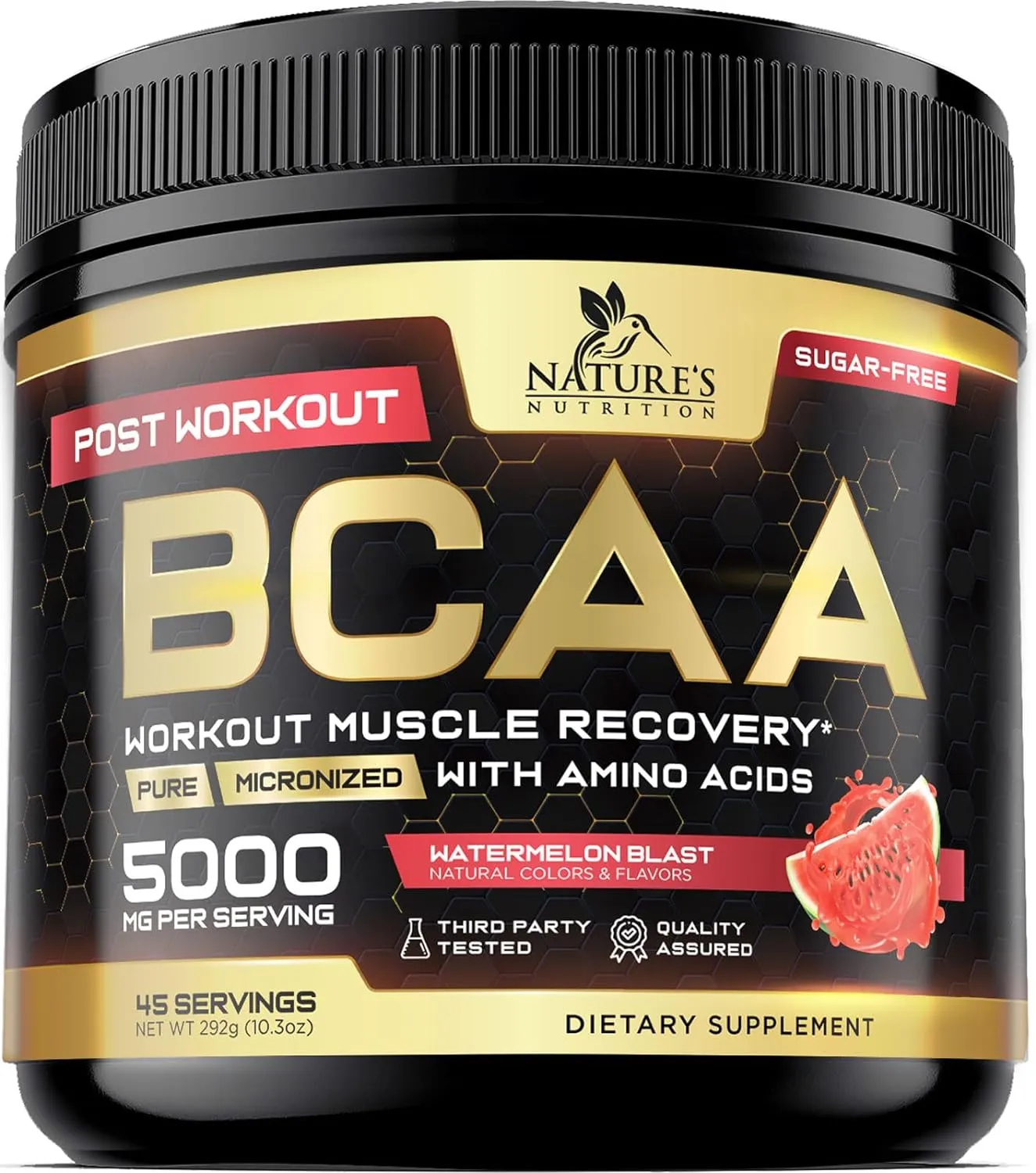 BCAA Powder - Post Workout Muscle Recovery Support Supplement, Pre Workout Energy 2:1:1 with Essential Amino Acids, Keto, Sugar-Free, 4g BCAAs plus 1g Glutamine per Serving, Watermelon - 45 Servings