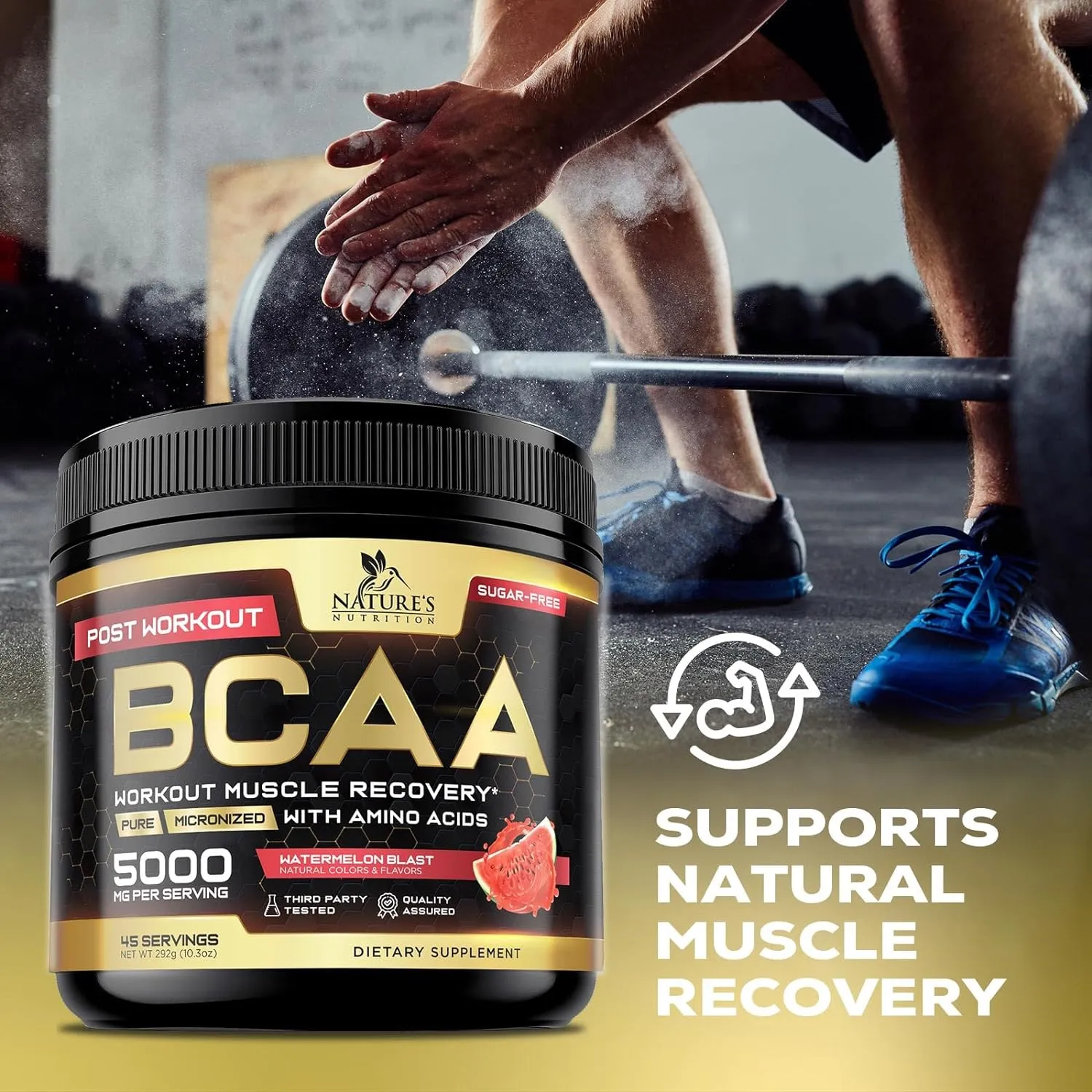 BCAA Powder - Post Workout Muscle Recovery Support Supplement, Pre Workout Energy 2:1:1 with Essential Amino Acids, Keto, Sugar-Free, 4g BCAAs plus 1g Glutamine per Serving, Watermelon - 45 Servings