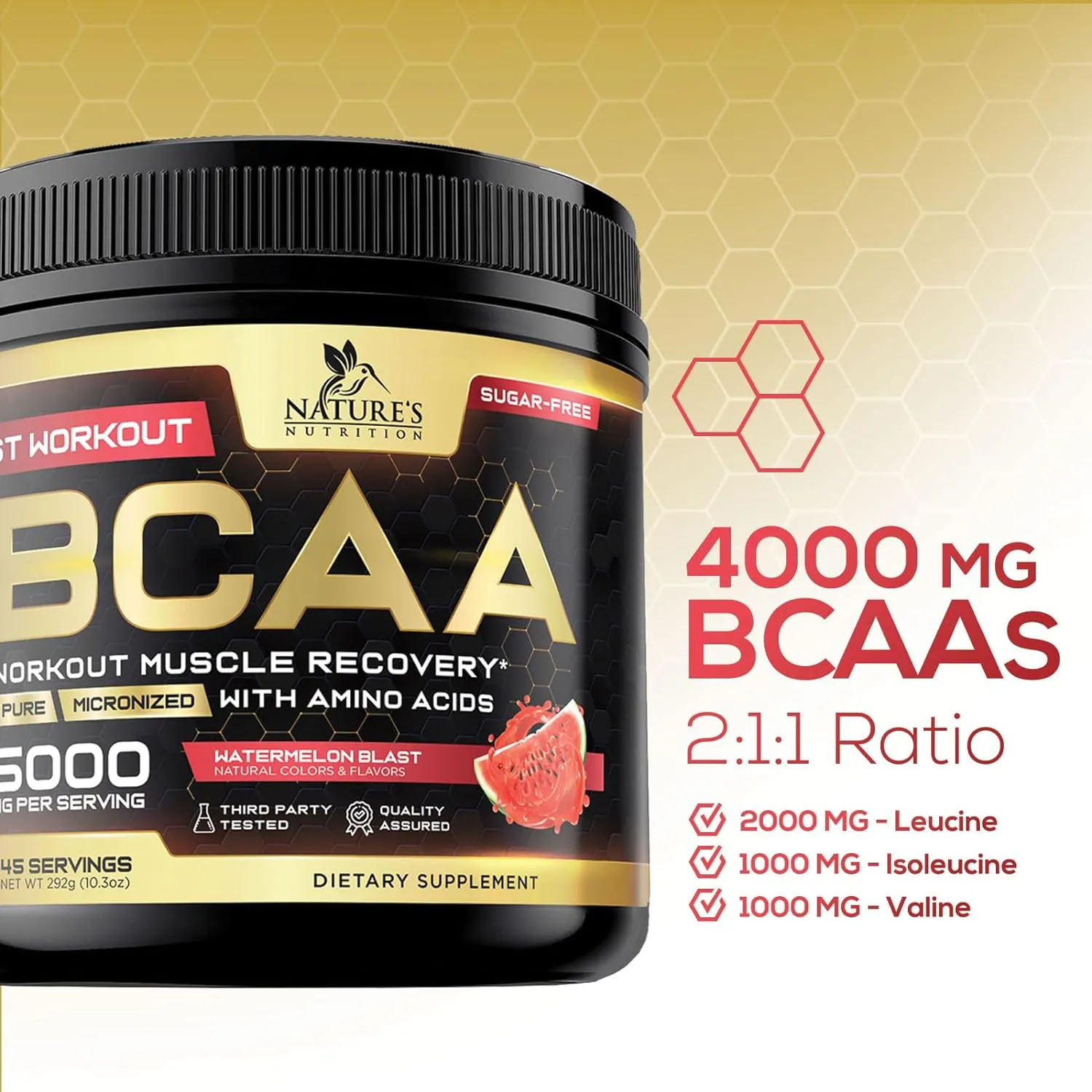BCAA Powder - Post Workout Muscle Recovery Support Supplement, Pre Workout Energy 2:1:1 with Essential Amino Acids, Keto, Sugar-Free, 4g BCAAs plus 1g Glutamine per Serving, Watermelon - 45 Servings