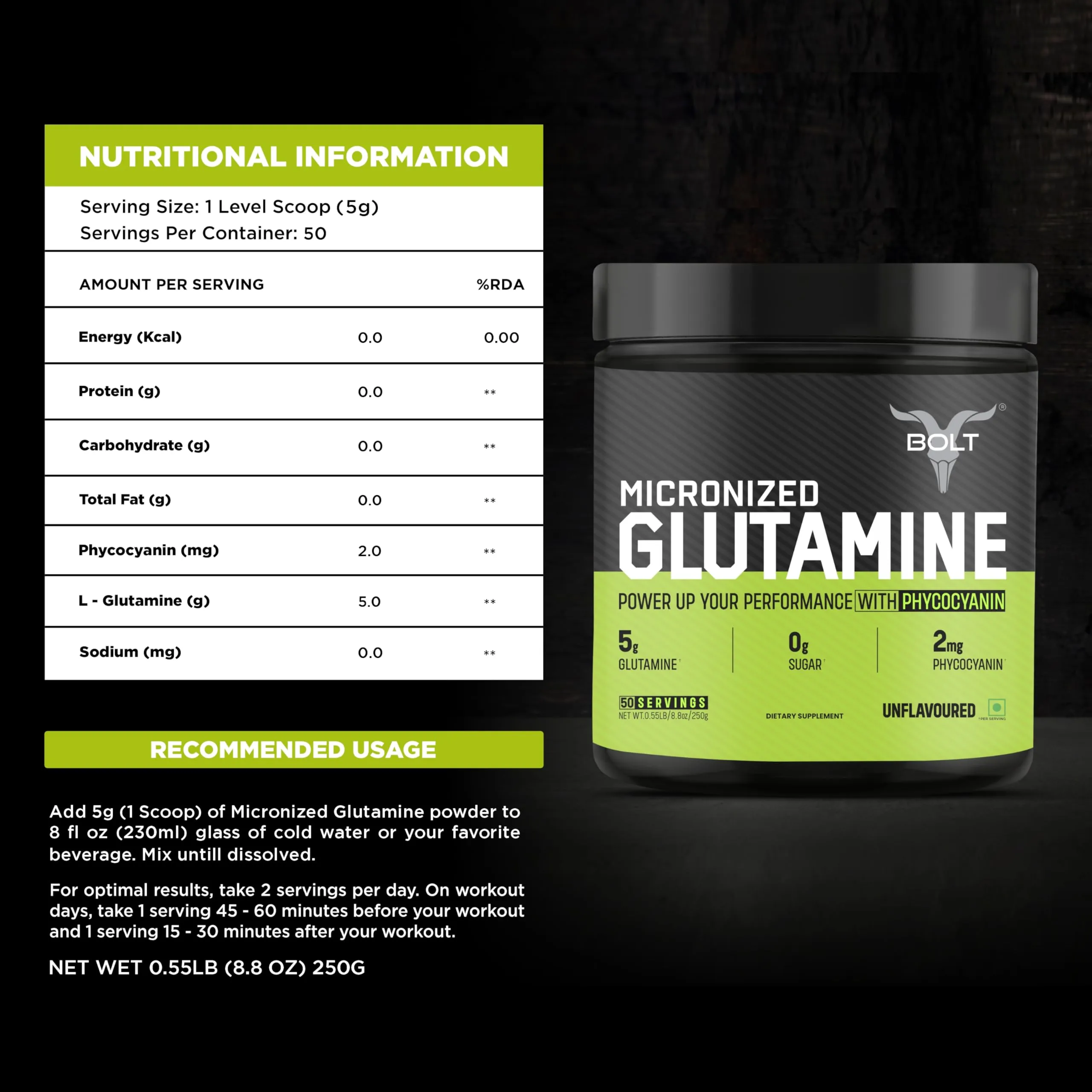 Bolt Nutrition Pure L-Glutamine Powder,5g Glutamine, 50 Servings - Post Workout Supplement for Muscle Growth & Recovery - 250g, Unflavoured