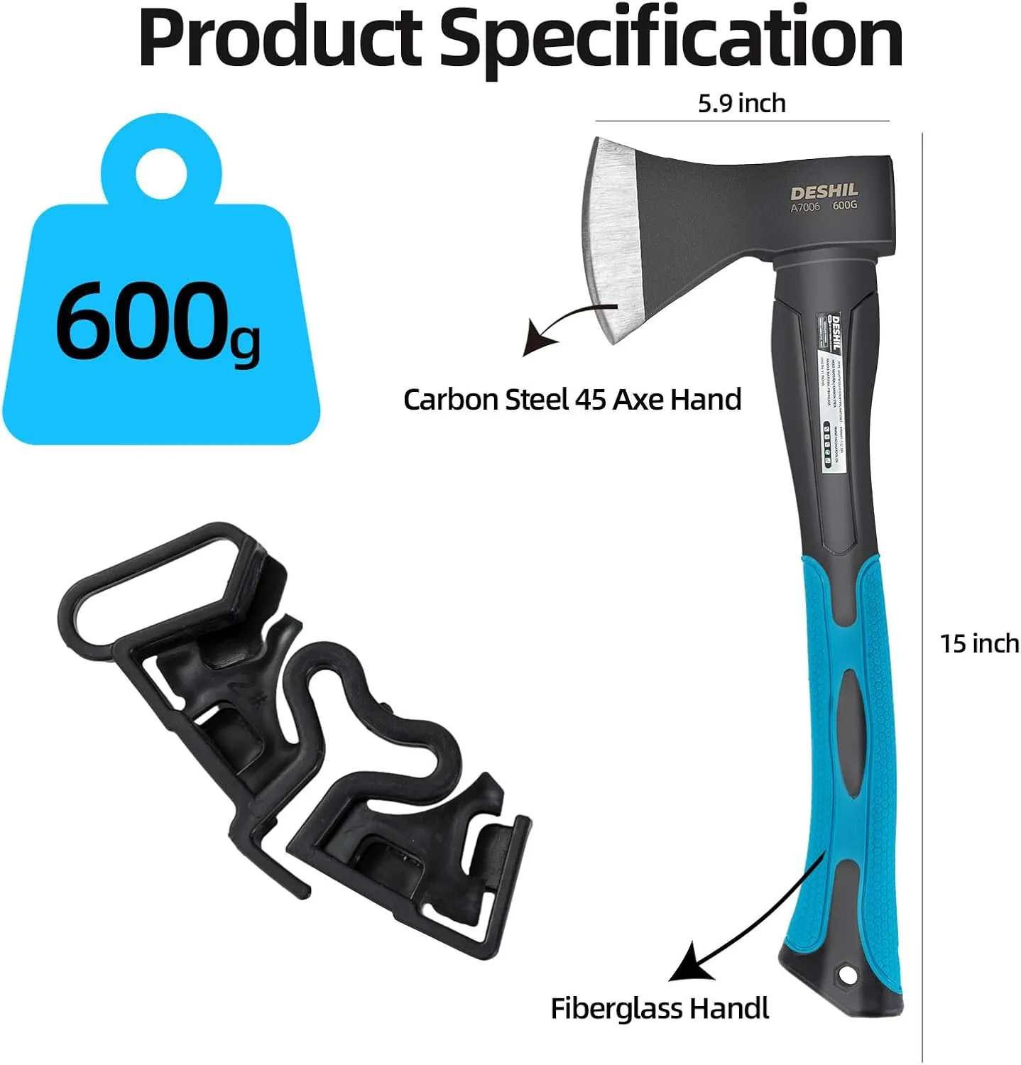 Chopping Axe, 15Outdoor Hatchet Forged Carbon Steel Heat Treated Hand Maul Tool, Fiberglass Shock Reduction Handle with Anti-Slip Grip, Blue