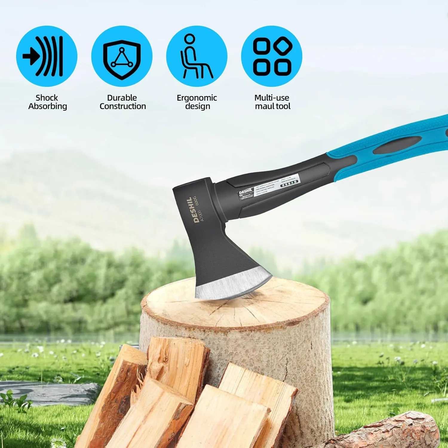 Chopping Axe, 15Outdoor Hatchet Forged Carbon Steel Heat Treated Hand Maul Tool, Fiberglass Shock Reduction Handle with Anti-Slip Grip, Blue