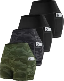 CHRLEISURE Womens Biker Yoga Shorts with Pockets: High Waisted Tummy Control Spandex Workout Athletic Gym Shorts 4 Packs