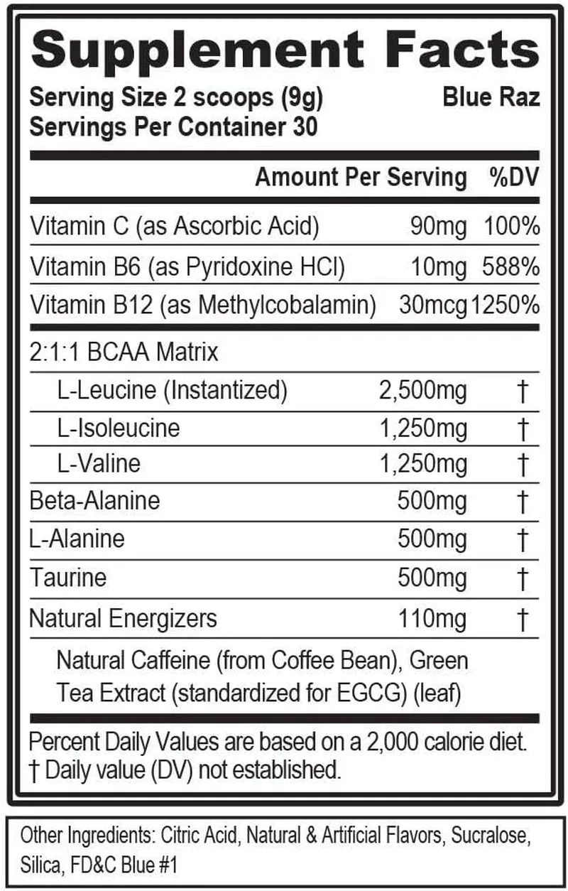 EVL BCAAs Amino Acids Powder - BCAA Energy Pre-Workout & Post-Workout Recovery Drink with Natural Caffeine