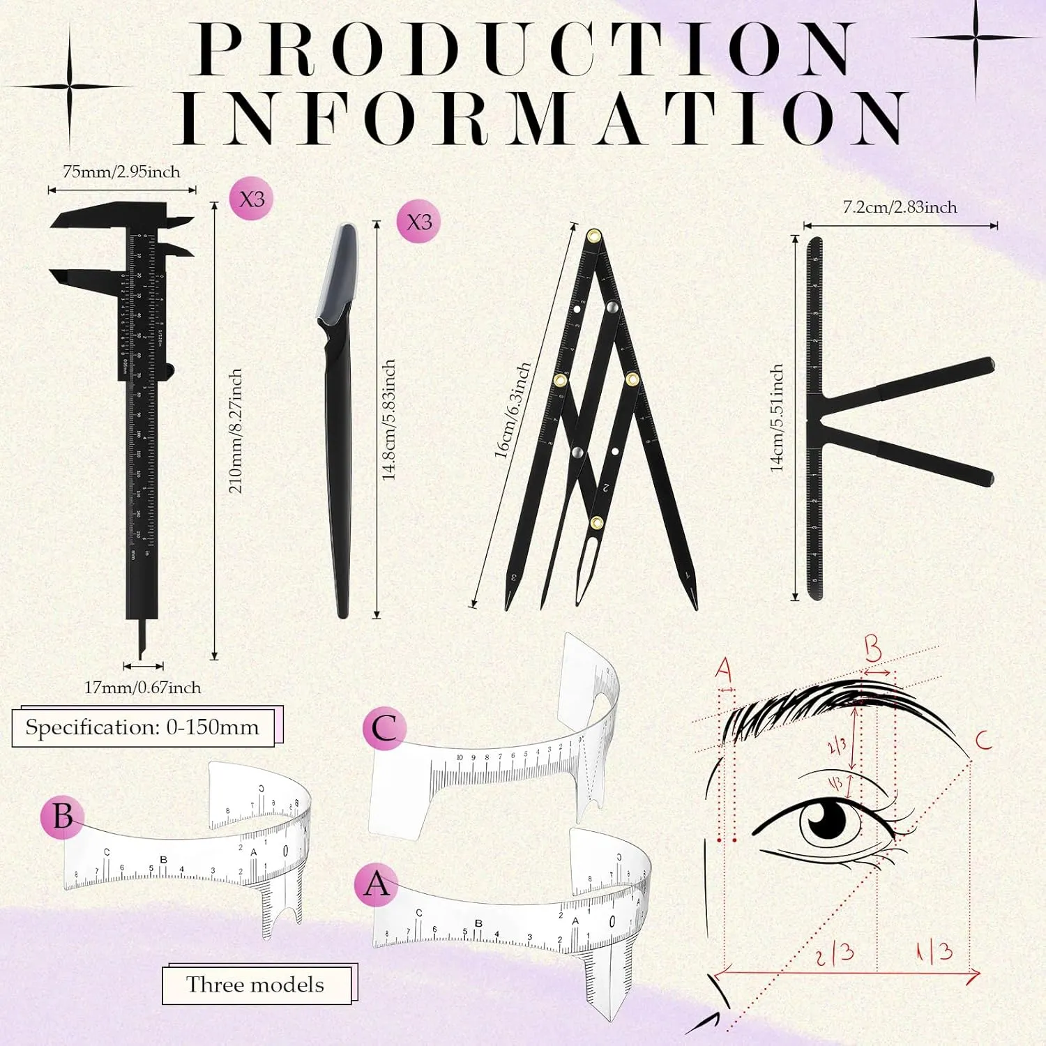 Konohan 11 Pcs Eyebrow Mapping Kit Eyebrow Shaping Tools Eye Brow Measuring Ruler Double Scale Vernier Caliper 3 Point Positioning Ruler Golden Ratio Caliper Brow Trimming Knives(Black)