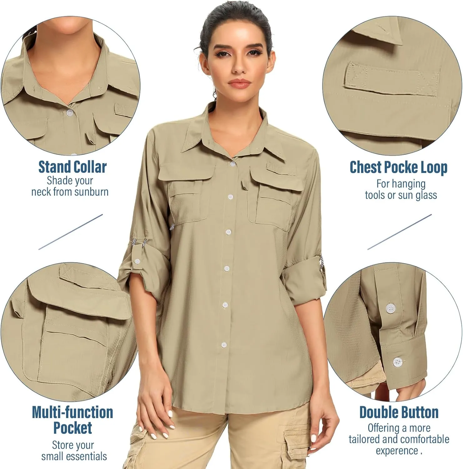 linlon Womens Safari Shirts Long Sleeve UV Protection Hiking Fishing UPF 50  Quick Dry Cooling Camping Travel Shirts