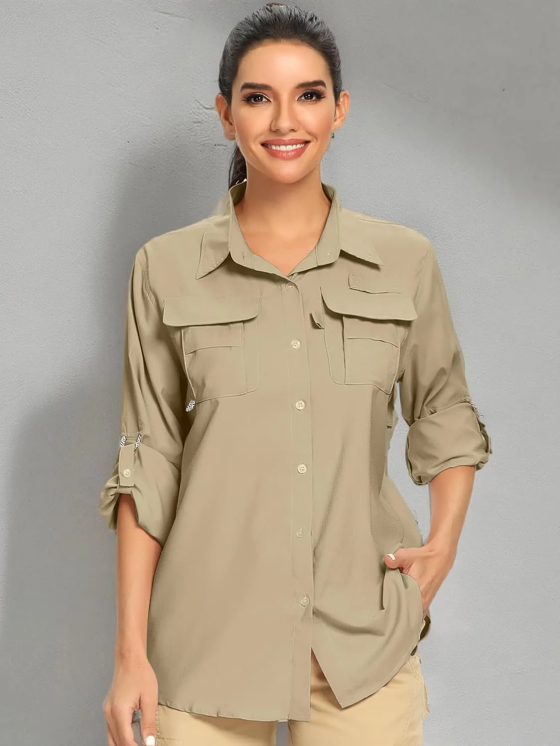 linlon Womens Safari Shirts Long Sleeve UV Protection Hiking Fishing UPF 50  Quick Dry Cooling Camping Travel Shirts