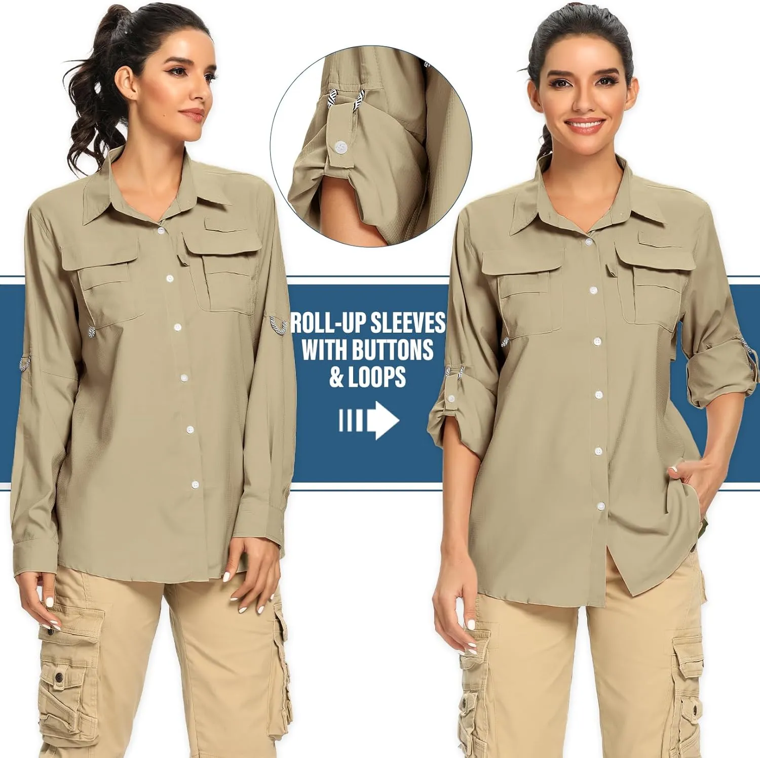 linlon Womens Safari Shirts Long Sleeve UV Protection Hiking Fishing UPF 50  Quick Dry Cooling Camping Travel Shirts