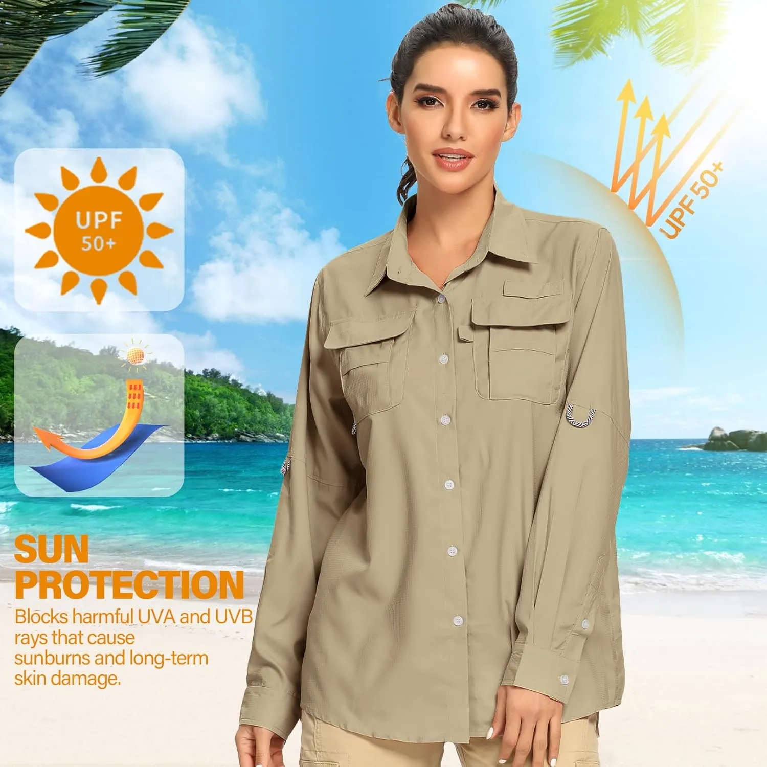 linlon Womens Safari Shirts Long Sleeve UV Protection Hiking Fishing UPF 50  Quick Dry Cooling Camping Travel Shirts