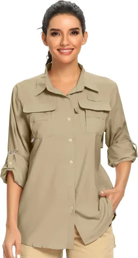 linlon Womens Safari Shirts Long Sleeve UV Protection Hiking Fishing UPF 50  Quick Dry Cooling Camping Travel Shirts