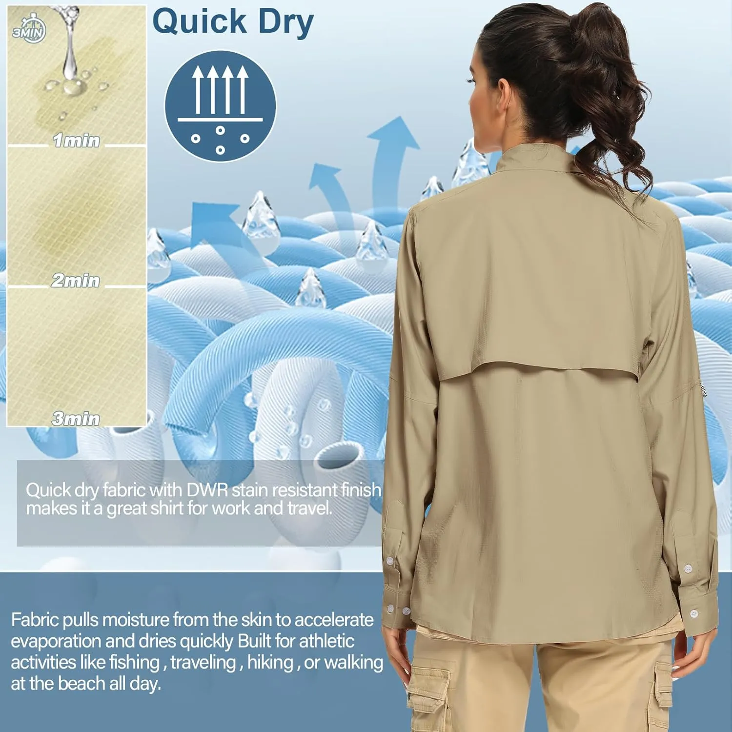 linlon Womens Safari Shirts Long Sleeve UV Protection Hiking Fishing UPF 50  Quick Dry Cooling Camping Travel Shirts