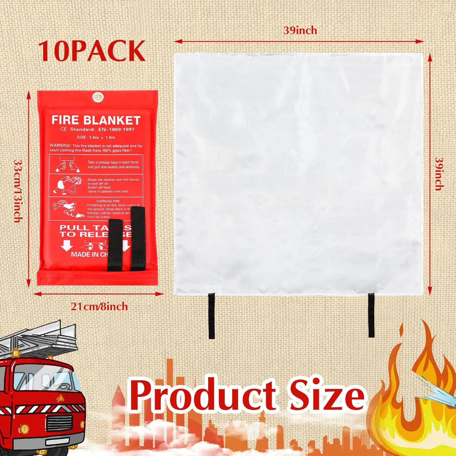 Macarrie 10 Pack 39 x 39 Fire Blanket Emergency for Home Kitchen Safety Suppression Blanket Fiberglass Fireproof Survival for Car Office (Red)