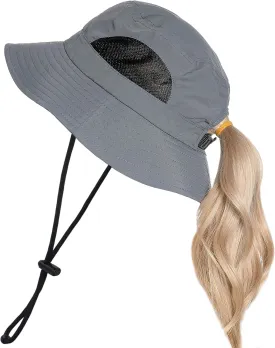 Muryobao Womens Ponytail Bucket Beach Sun Hat Summer Travel Fisherman Cap UV Protection Fishing Hat
