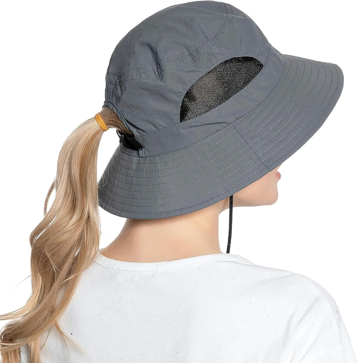 Muryobao Womens Ponytail Bucket Beach Sun Hat Summer Travel Fisherman Cap UV Protection Fishing Hat