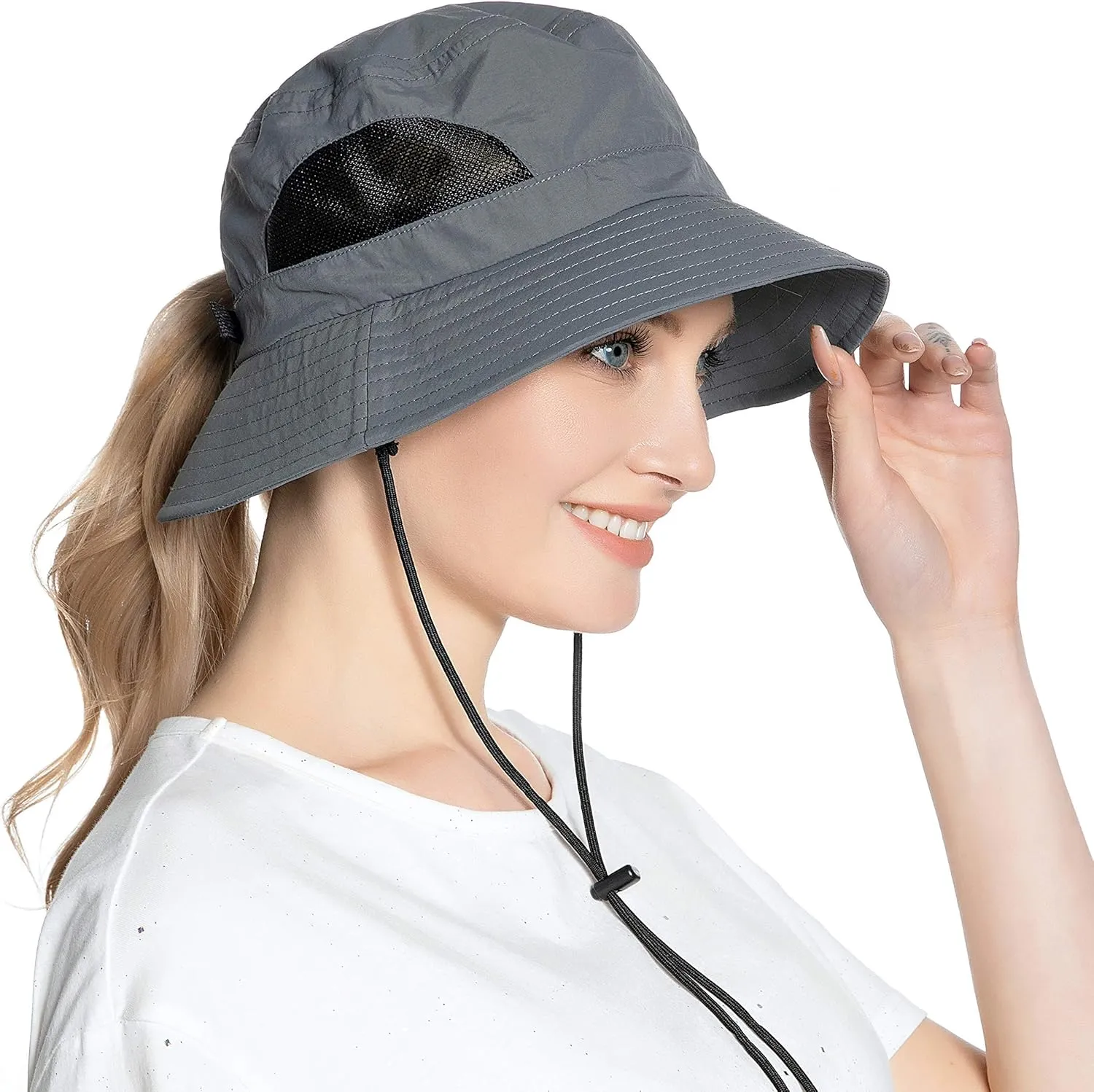 Muryobao Womens Ponytail Bucket Beach Sun Hat Summer Travel Fisherman Cap UV Protection Fishing Hat