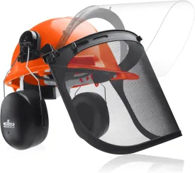 NoCry 6-in-1 Industrial Chainsaw Helmet with Face Shield and Ear Muffs  Mesh & Clear Plastic Visors Included  ANSI Z89.1 Certified  Adjustable Headgear  Ideal for Forestry and Arborist Work