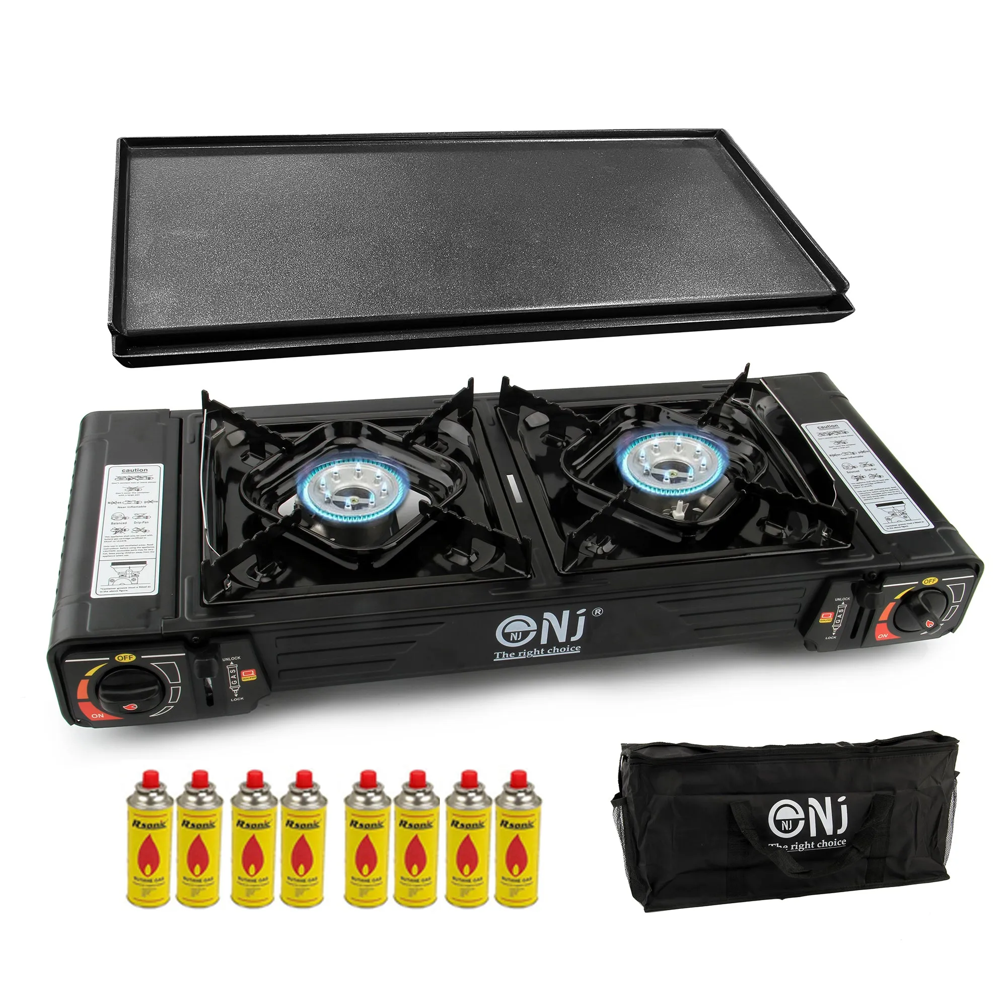 Portable 2 Burner Camping Gas Stove Butane BBQ Outdoor Cooker Carry Bag and Grill