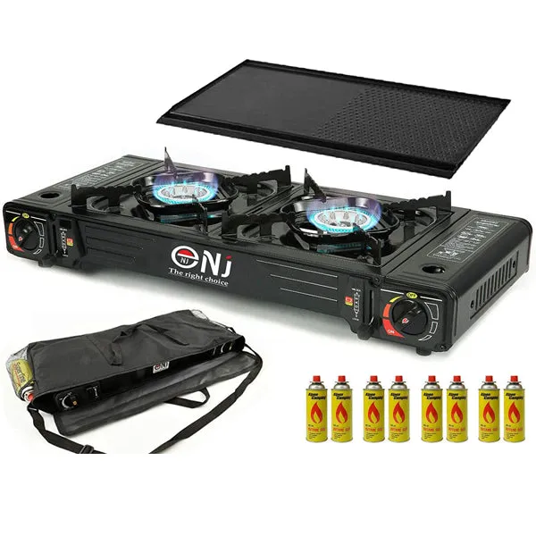 Portable 2 Burner Camping Gas Stove Butane BBQ Outdoor Cooker Carry Bag and Grill
