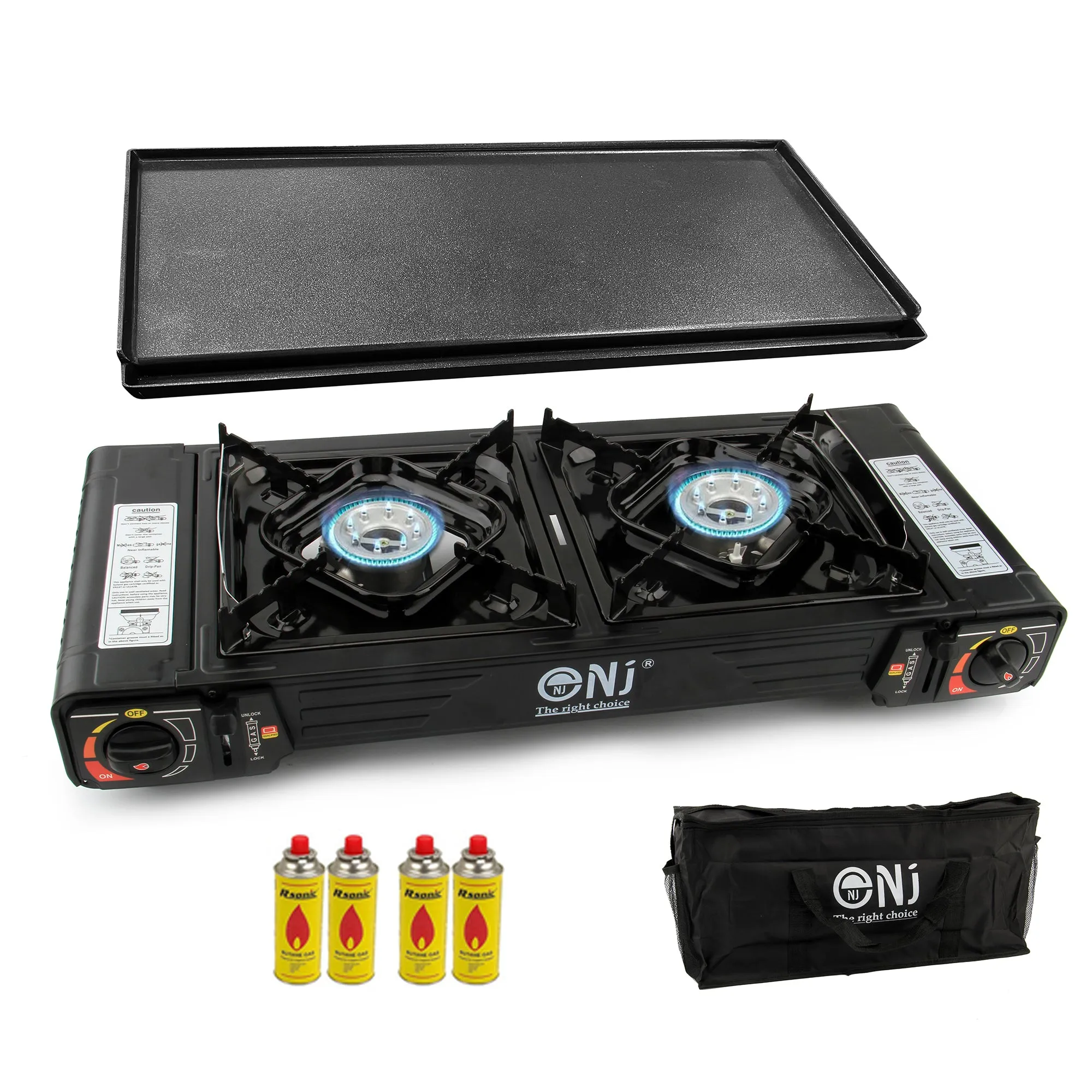 Portable 2 Burner Camping Gas Stove Butane BBQ Outdoor Cooker Carry Bag and Grill