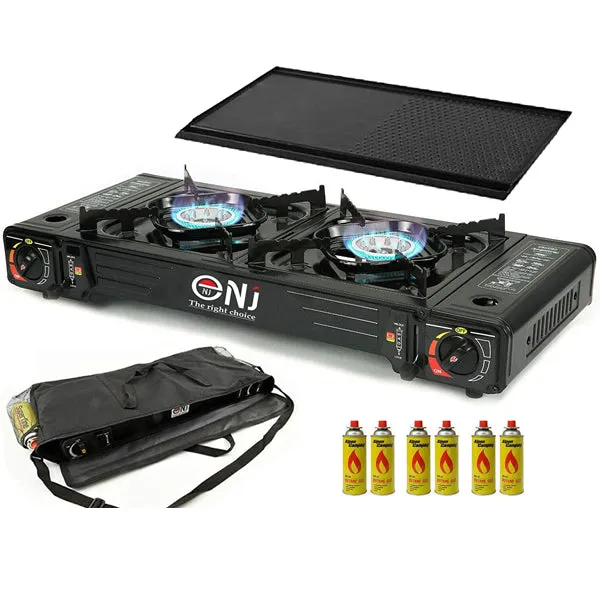 Portable 2 Burner Camping Gas Stove Butane BBQ Outdoor Cooker Carry Bag and Grill