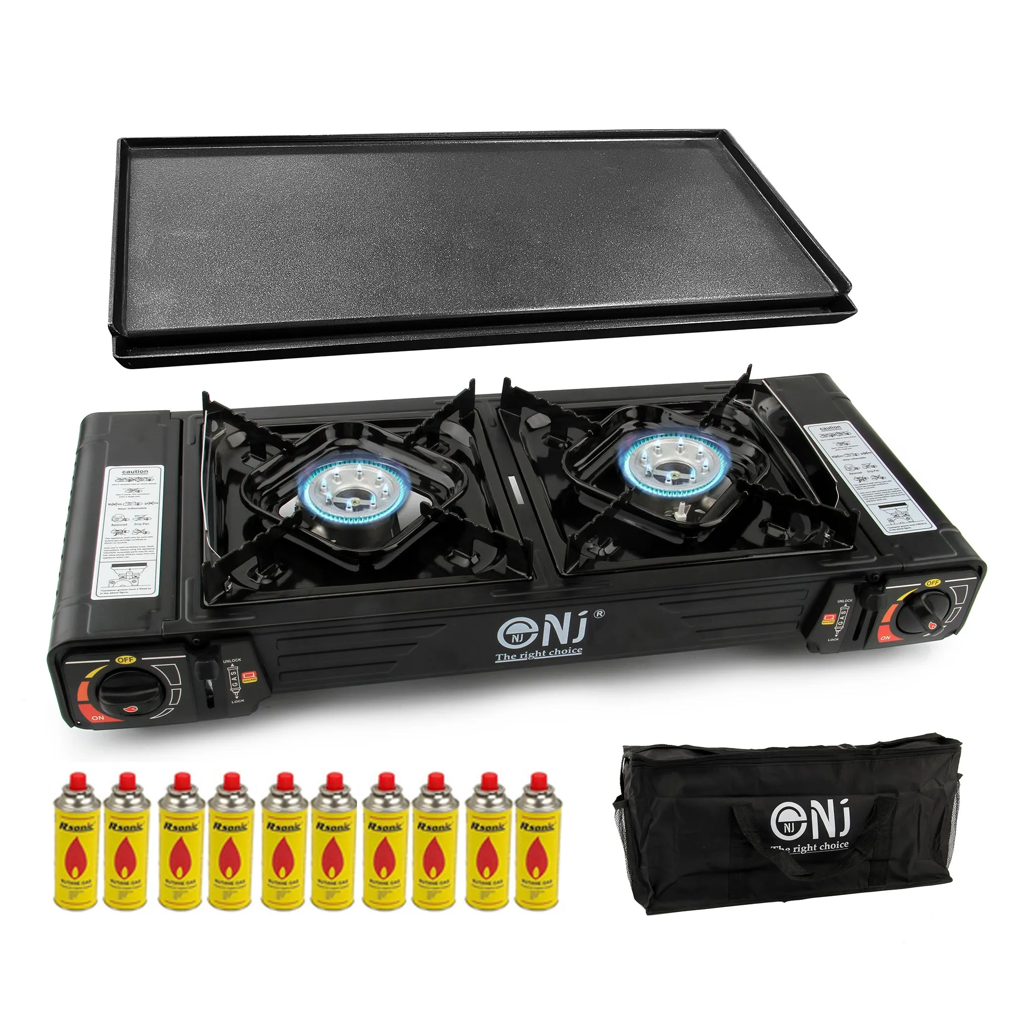 Portable 2 Burner Camping Gas Stove Butane BBQ Outdoor Cooker Carry Bag and Grill