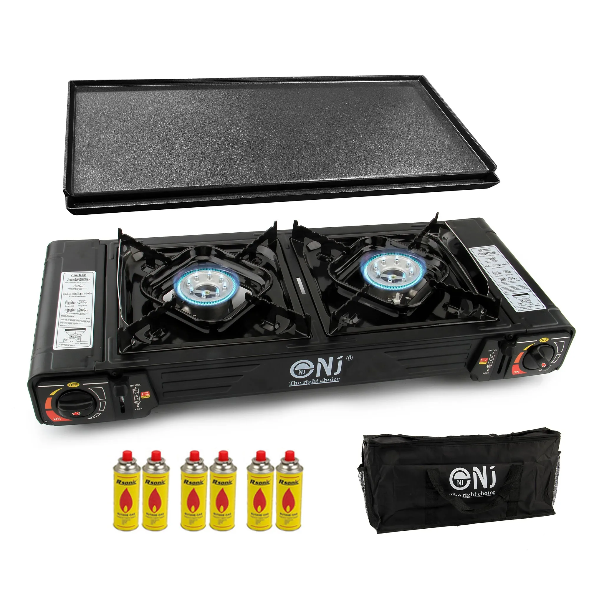 Portable 2 Burner Camping Gas Stove Butane BBQ Outdoor Cooker Carry Bag and Grill