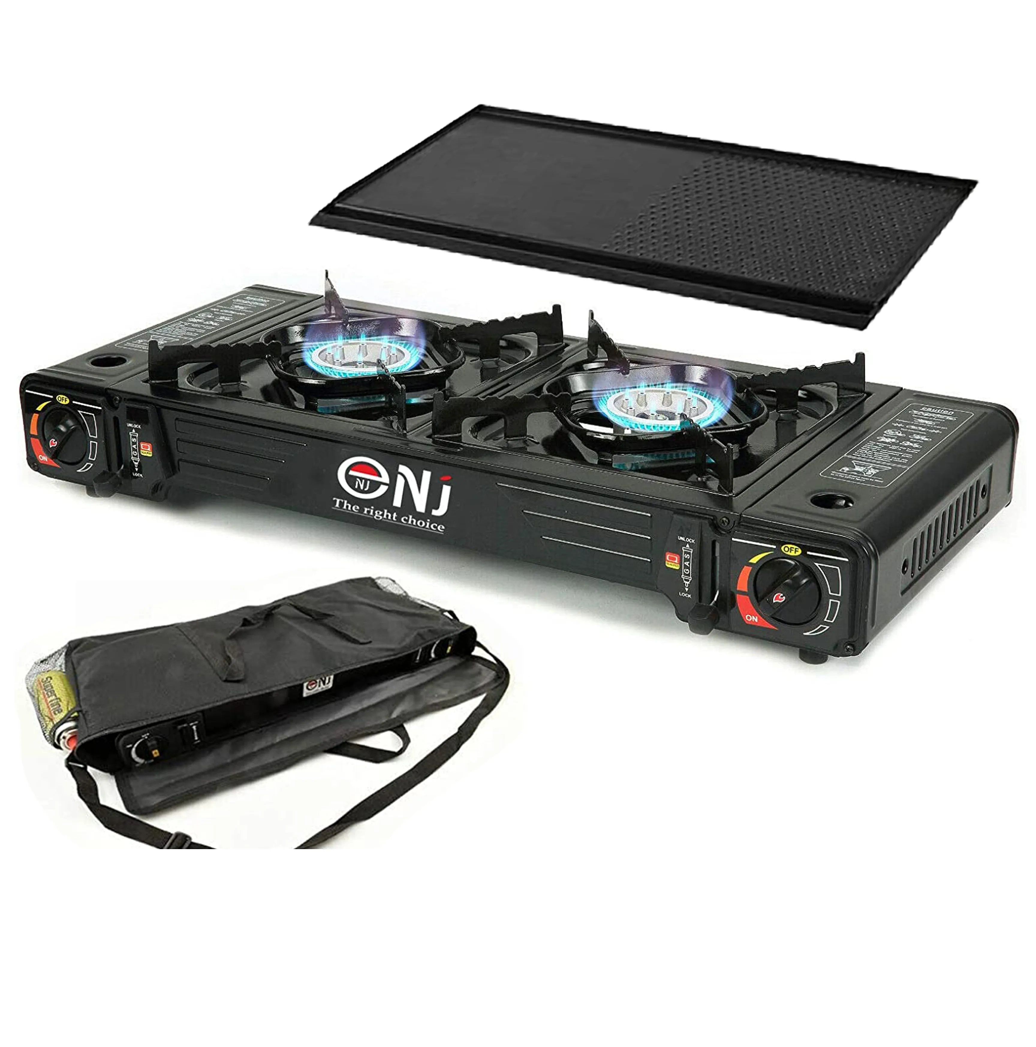 Portable 2 Burner Camping Gas Stove Butane BBQ Outdoor Cooker Carry Bag and Grill