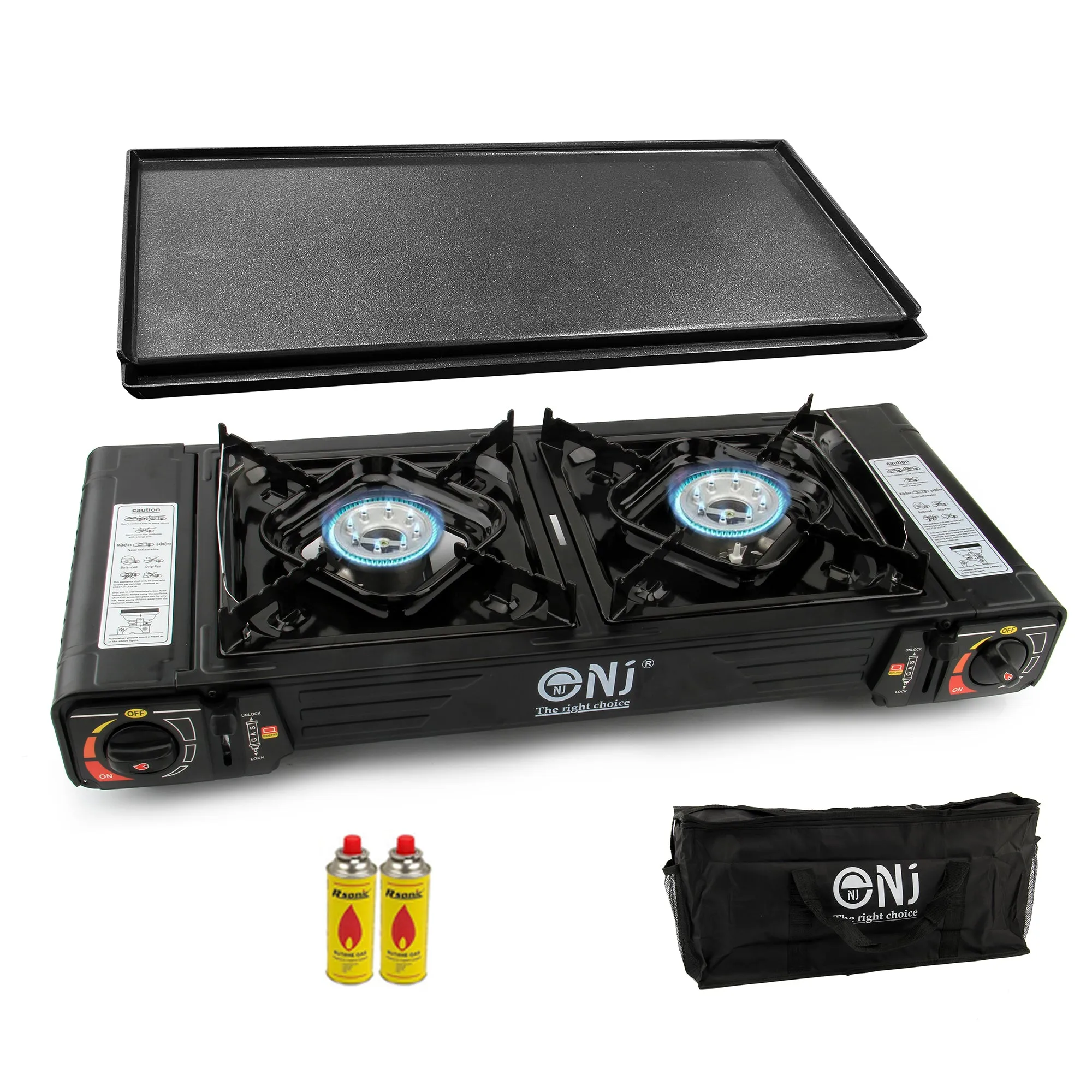 Portable 2 Burner Camping Gas Stove Butane BBQ Outdoor Cooker Carry Bag and Grill