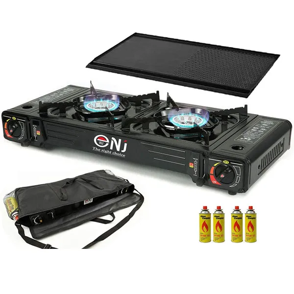 Portable 2 Burner Camping Gas Stove Butane BBQ Outdoor Cooker Carry Bag and Grill