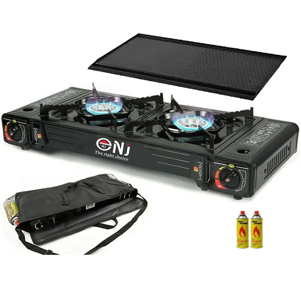 Portable 2 Burner Camping Gas Stove Butane BBQ Outdoor Cooker Carry Bag and Grill