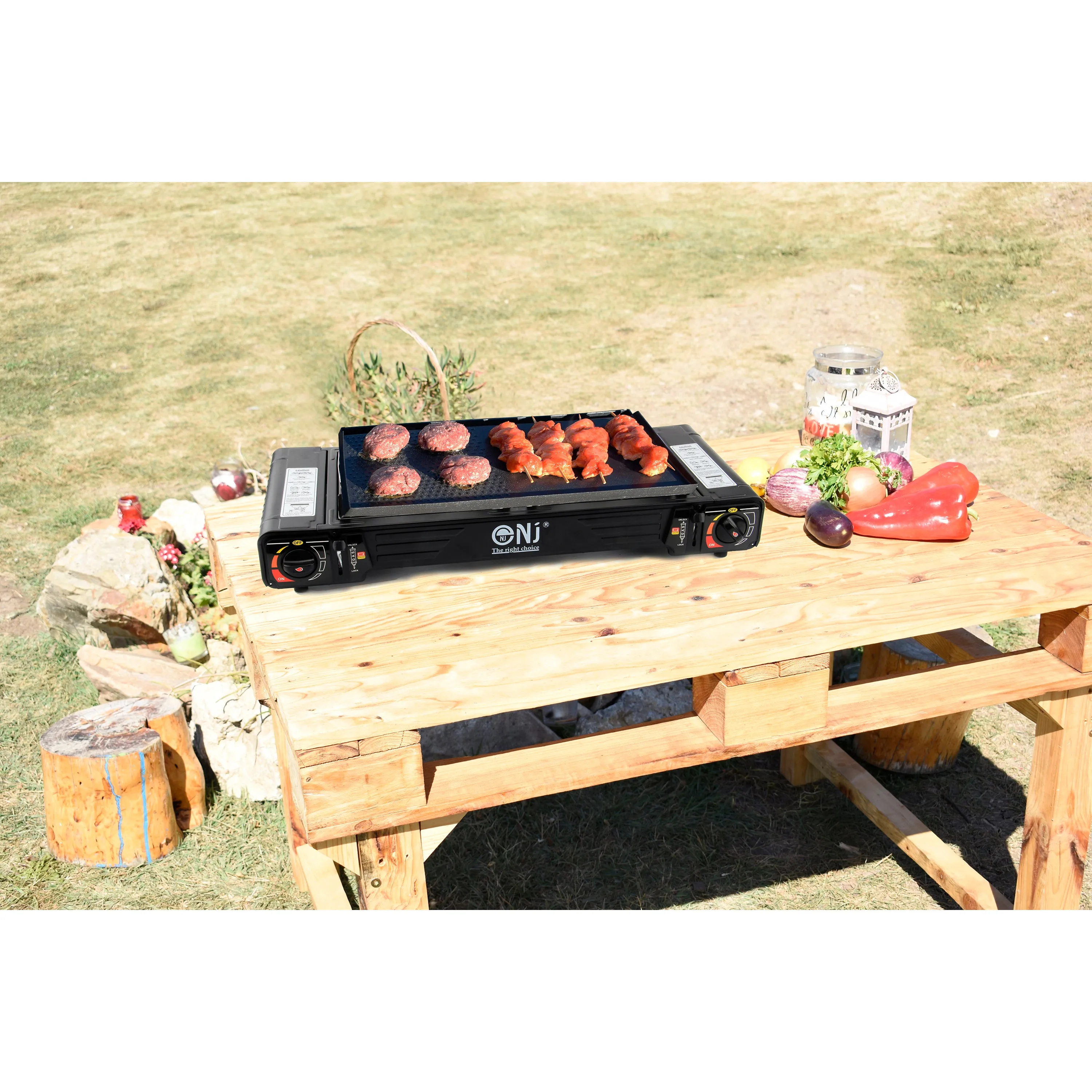 Portable 2 Burner Camping Gas Stove Butane BBQ Outdoor Cooker Carry Bag and Grill