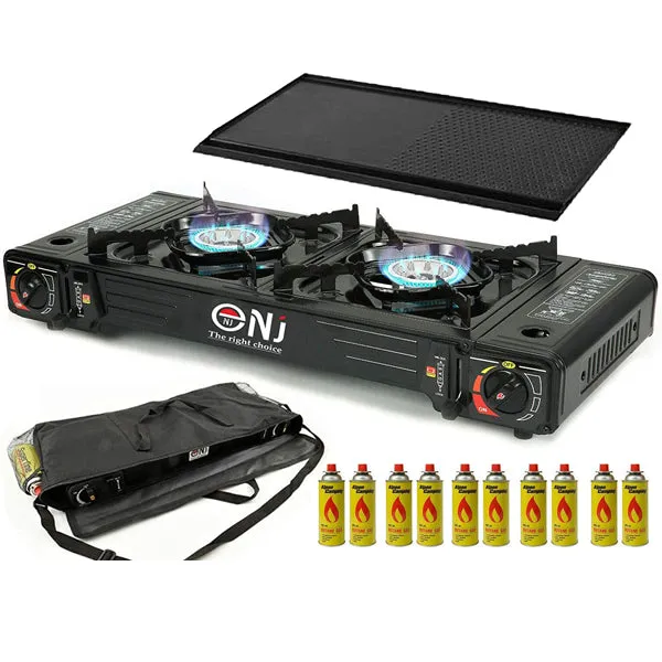 Portable 2 Burner Camping Gas Stove Butane BBQ Outdoor Cooker Carry Bag and Grill