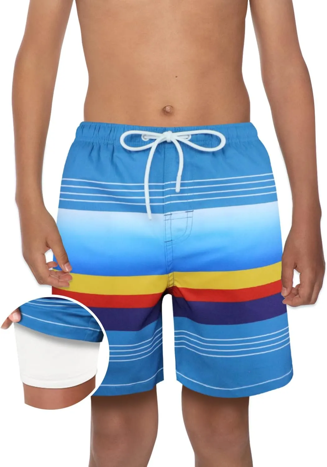 QRANSS Boys Swim Trunks with Compression Liner,No Mesh Anti-Chafing Comfy Swimming Trunks with Boxer Brief Liner,Size 6-20