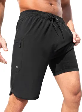 SILKWORLD Mens Swim Trunks with Compression Liner 9 Inch Long Bathing Suit 2 in 1 Beach Quick Dry Shorts with Pockets