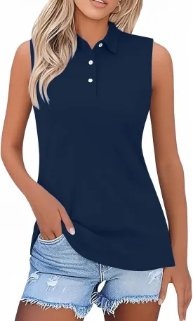Sleeveless Polo Shirts Women Summer Sport Golf Tennis Tank Tops Workout Clothes Button Down Collared Athletic Shirts
