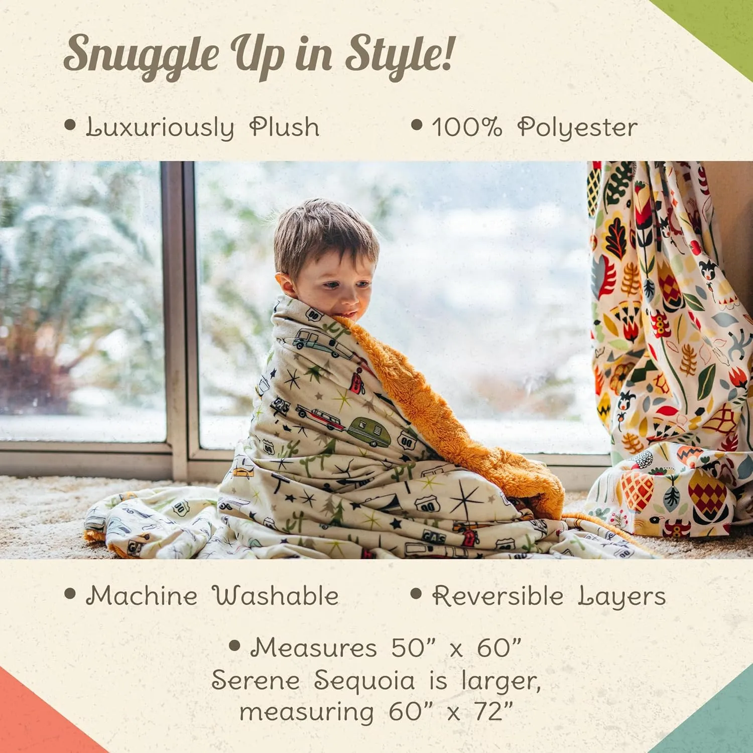 Throw Blanket for Camping - Plush Reversible Camping Blanket for Indoor & Outdoor Settings - Machine Washable Soft Blanket - 100% Polyester Cozy Blanket with Retro-Inspired Patterns