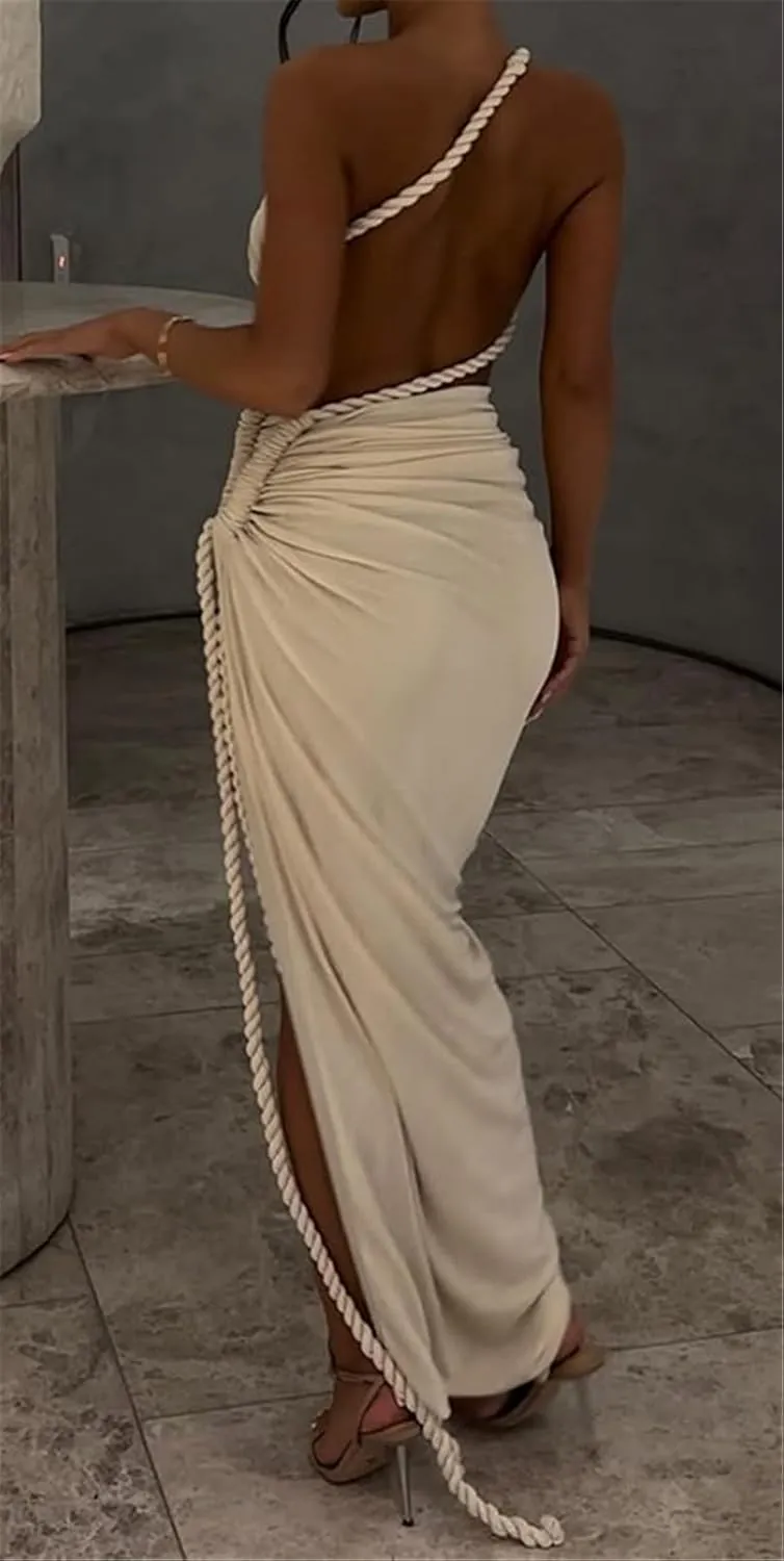 Women's Sleeveless Hemp Rope Lace Up Ruffles Bodycon Split Sexy Nightclub Party Dress