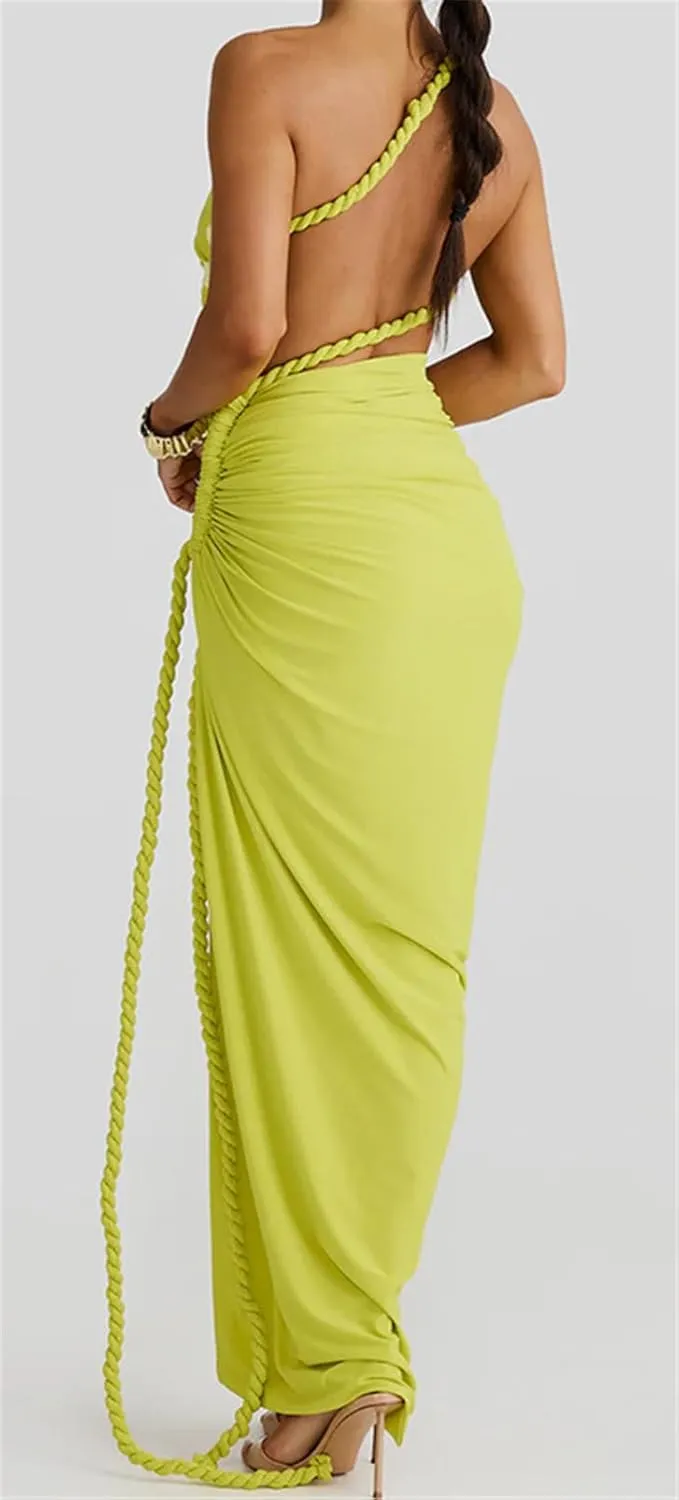 Women's Sleeveless Hemp Rope Lace Up Ruffles Bodycon Split Sexy Nightclub Party Dress