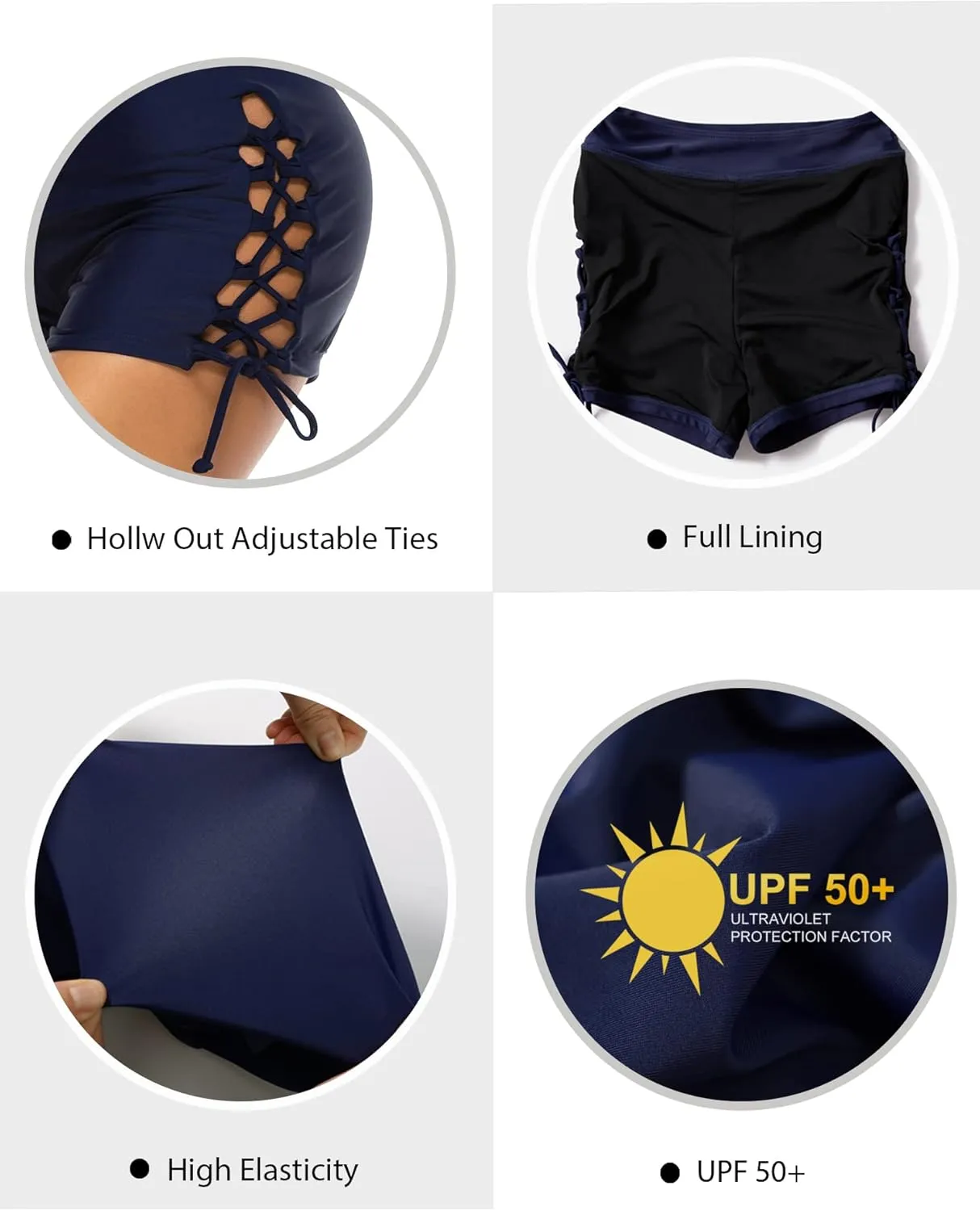 Women's Swim Shorts High Waisted Bathing Suit Bottoms Adjustable Tie Swimwear Boy Short Swimsuit Board Shorts