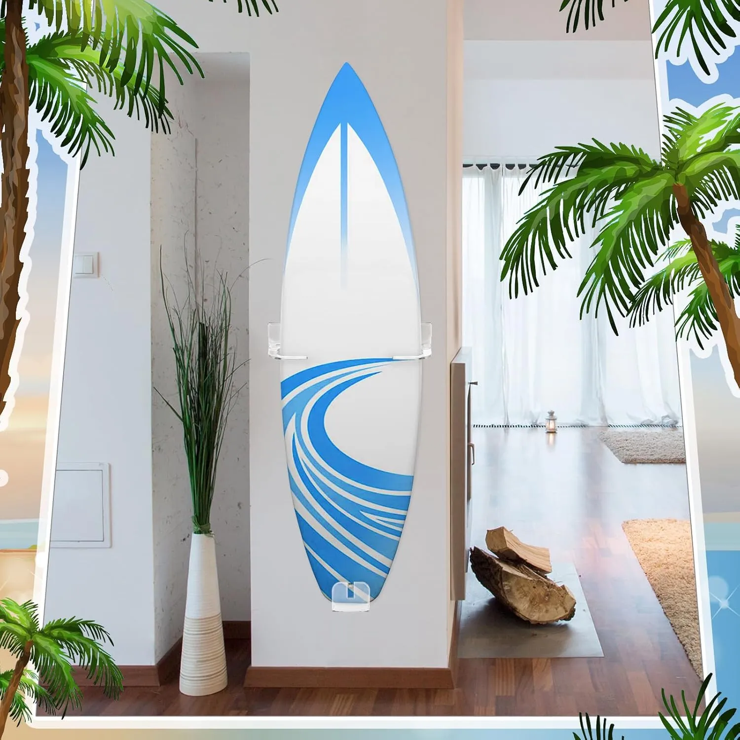 Yousoontic 2 Sets Surfboard Wall Mount Clear Acrylic Surf Board Display Indoor Wall Decor Vertical Surfboard Rack for Shortboards Fish Boards, and Funboards, Holds 50 lbs